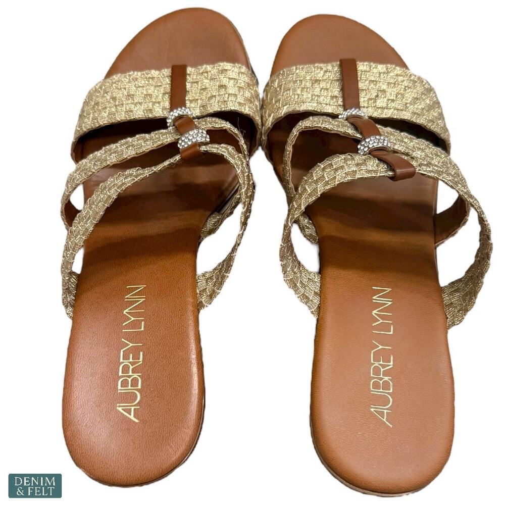 Aubrey Lynn Tan Woven Slide Sandals‎ Rhinestone Straps Boho Luxe Resort 9.5 - Picture 6 of 10